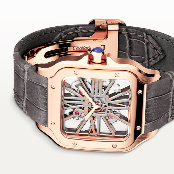 Santos de Cartier Large 18ct Rose Gold Skeleton Dial Strap Watch - Image 2
