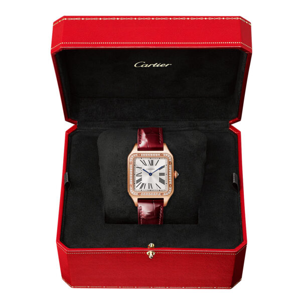 Santos-Dumont Large 18ct Rose Gold Silver Dial Diamond Bezel Watch - Image 4